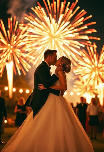 Поцелуй жениха и невесты на фоне фейерверков