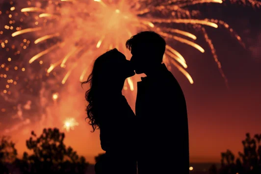 На фоне фейерверка силуэт жениха и невесты