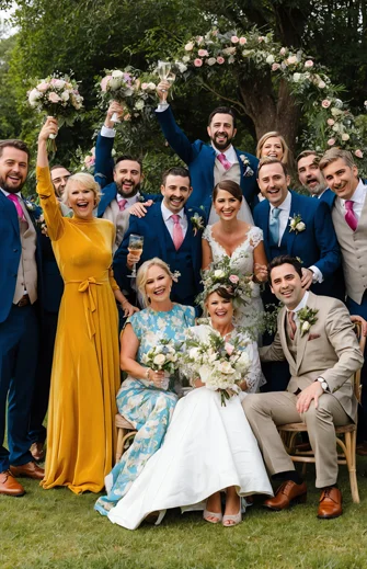 Жених, невеста и гости на природе